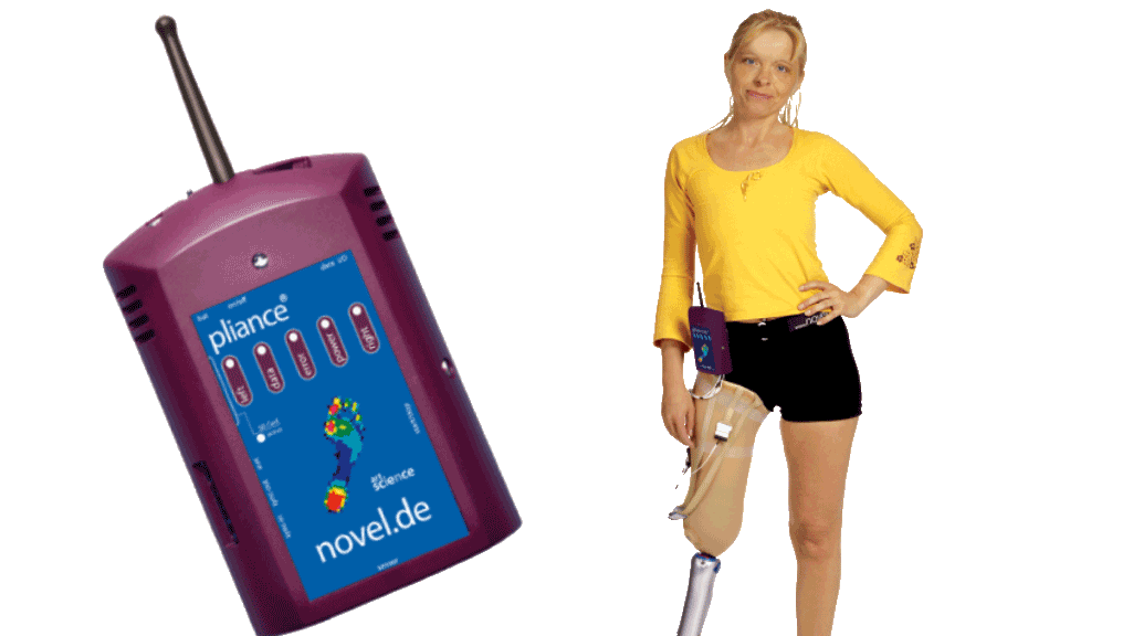 woman wearing prosthetic leg with pliance measurment device